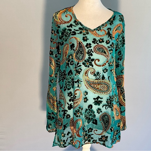 Velvet Burnout Boho Blouse Teal Paisley Tunic Festival Top S - Picture 3 of 16